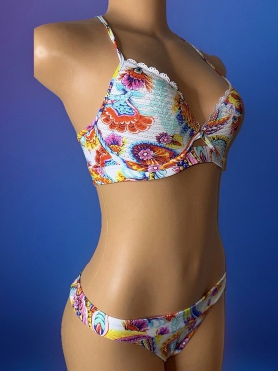 Luli Fama Other - Luli Fama Multicolor Floral Lace-Trim Bikini - White, Orange, Pink, Blue, Yellow